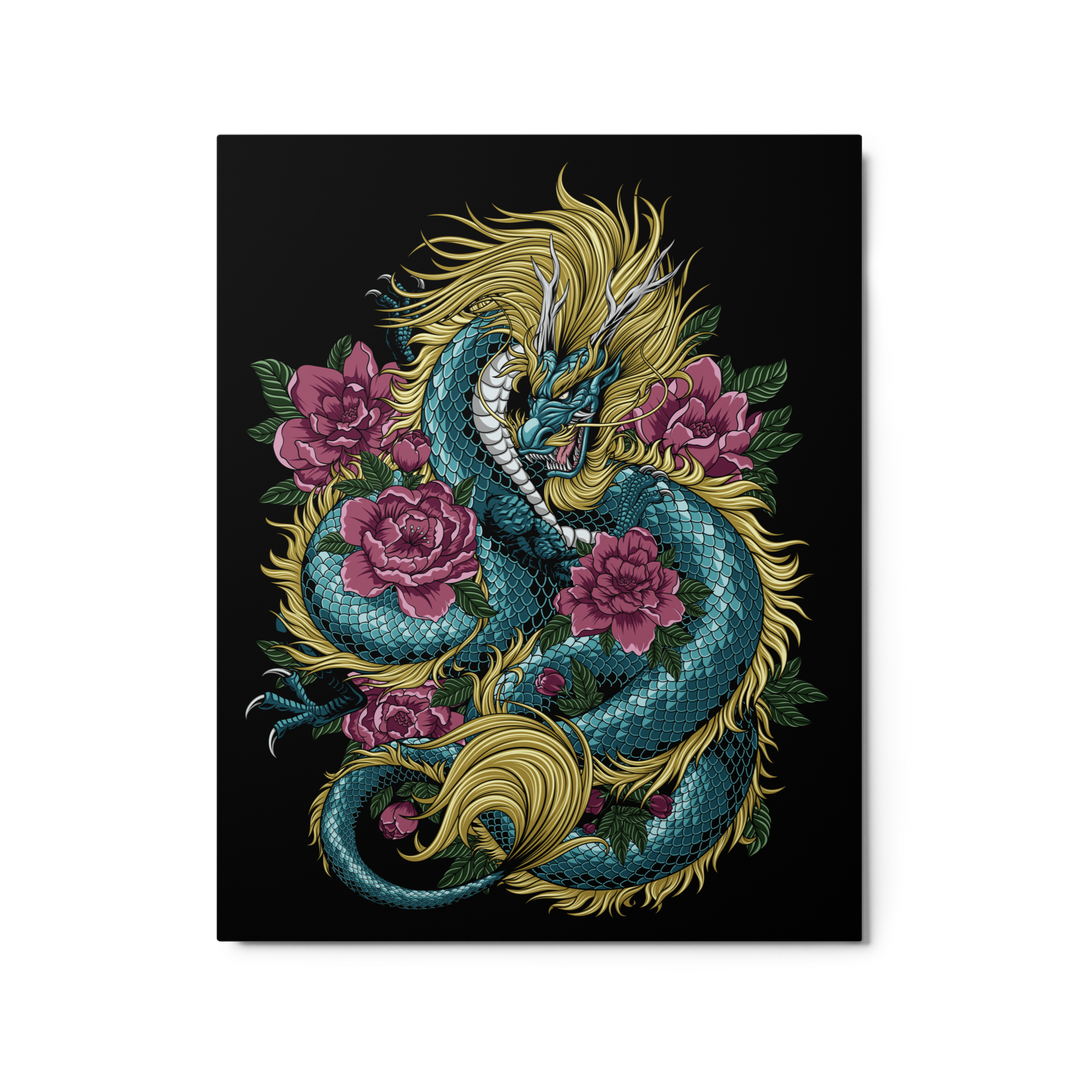 Azure Dragon Blossom Metal Print featuring a vibrant azure-colored dragon coiled around delicate blossoms, with vivid details and intricate design.