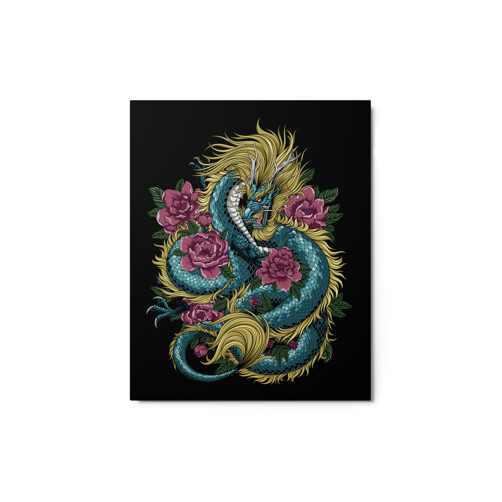 Azure Dragon Blossom Metal Print featuring a vibrant azure-colored dragon coiled around delicate blossoms, with vivid details and intricate design.