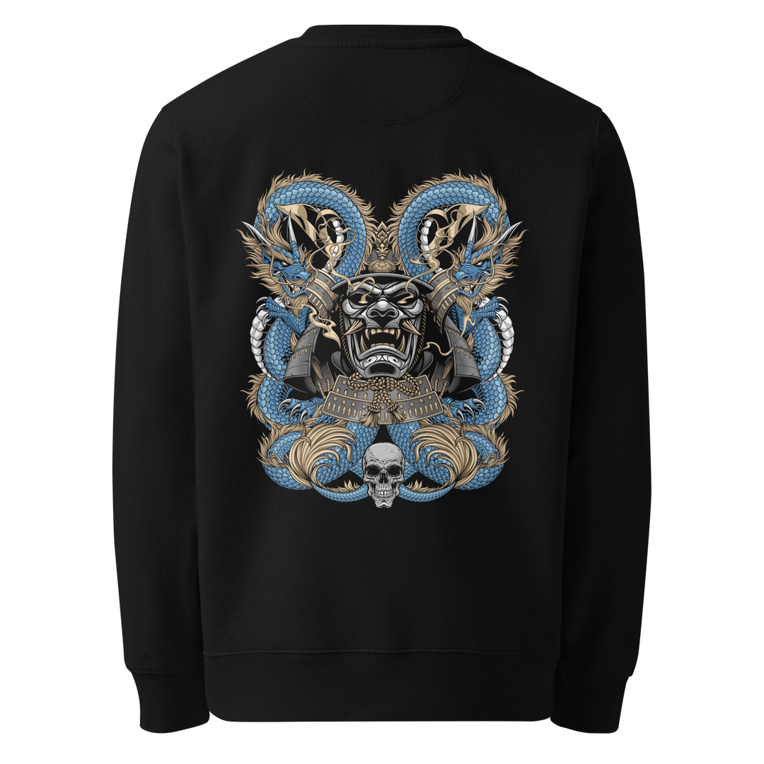 Back view of black sweatshirt featuring Irezumi tattoo-inspired azure dragon coiling around a samurai mask design, made from 100% organic ring-spun cotton, regular fit with ribbed cuffs and hem.