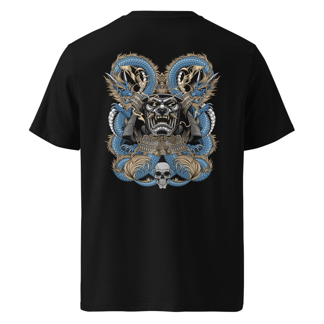 Back view of black t-shirt featuring Irezumi tattoo-inspired azure dragons coiling around a samurai mask design, made from 100% organic ring-spun cotton, regular fit with ribbed collar and durable double-needle stitching.