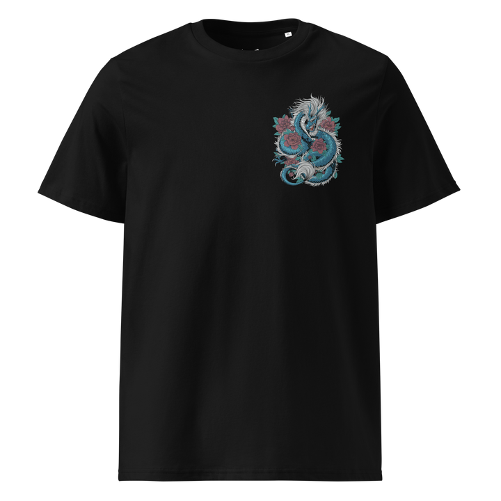 Black Blooming Guardian Dragon Graphic Tee with left chest dragon and floral motifs