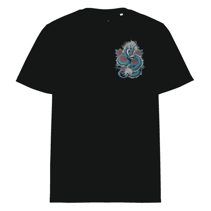 Black Blooming Guardian Dragon Graphic Tee with left chest dragon and floral motifs