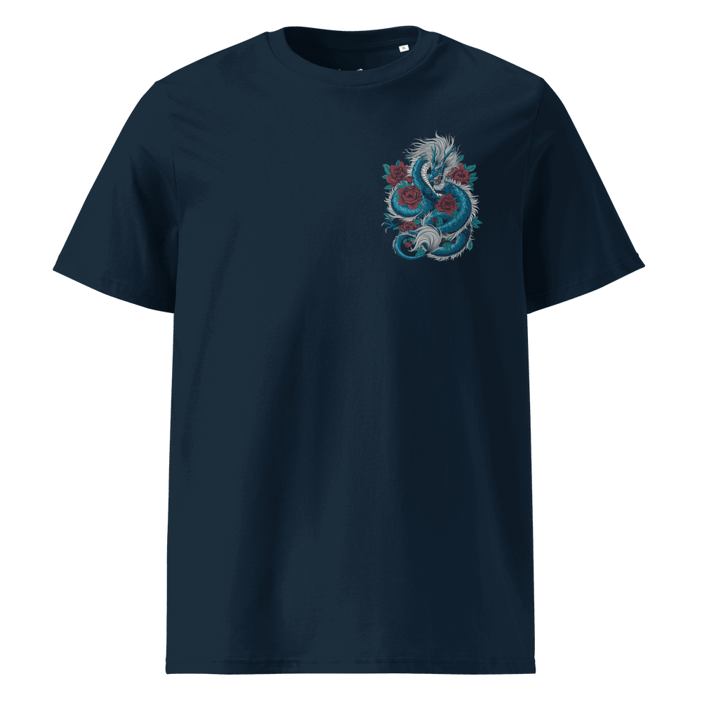 French Navy Blooming Guardian Dragon Graphic Tee with left chest dragon and floral motifs