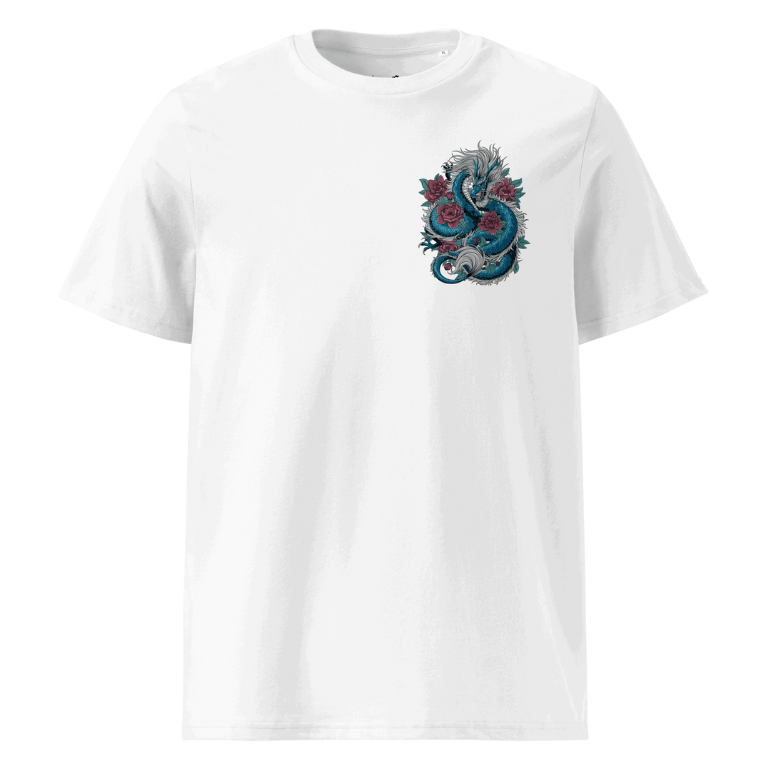 White Blooming Guardian Dragon Graphic Tee with left chest dragon and floral motifs