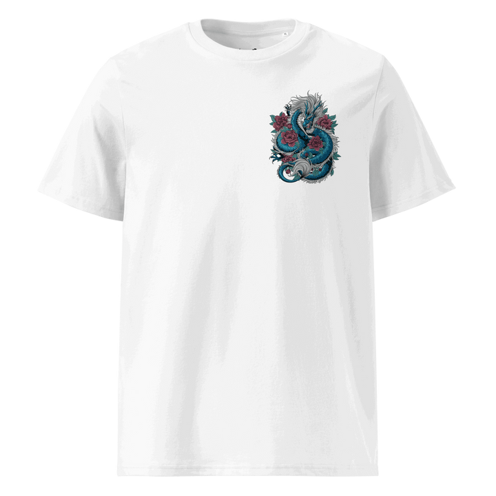 White Blooming Guardian Dragon Graphic Tee with left chest dragon and floral motifs