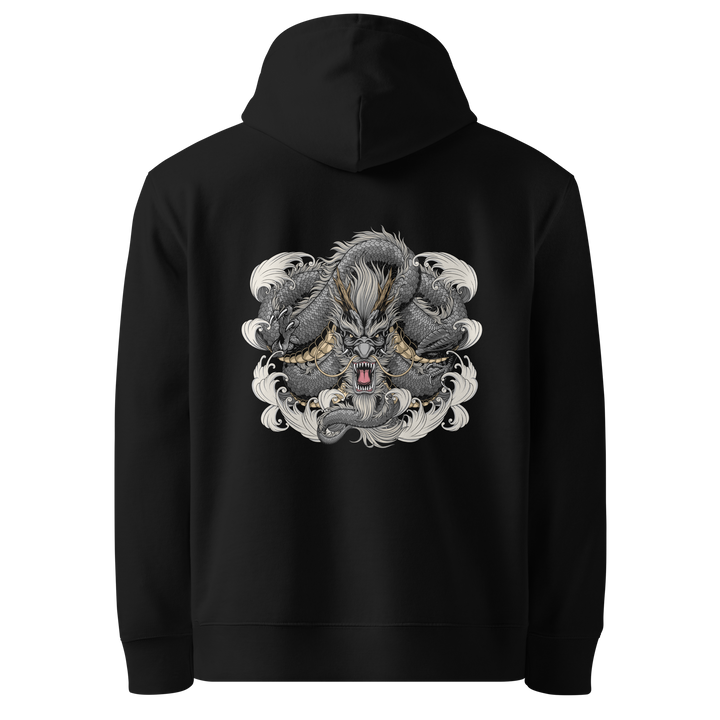 Back view of black hoodie featuring Irezumi tattoo-inspired charcoal coiled dragon weaving through patterns and waves, made from 100% organic cotton, regular fit with ribbed cuffs and hem.