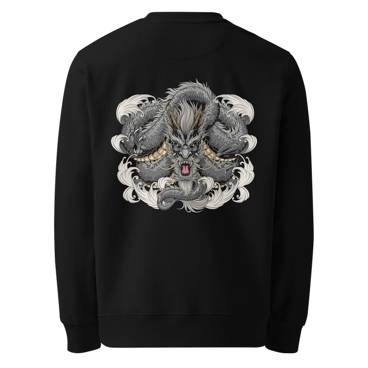 Back view of black sweatshirt featuring Irezumi tattoo-inspired charcoal coiled dragon with flowing waves design, made from 100% organic ring-spun cotton, regular fit with ribbed cuffs and hem.