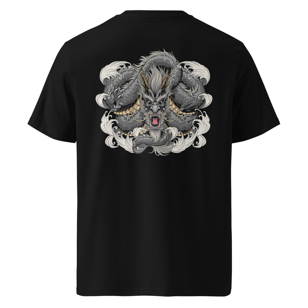 Back view of black t-shirt featuring Irezumi tattoo-inspired charcoal coiled dragon design, made from 100% organic ring-spun cotton, regular fit with ribbed collar and durable double-needle stitching.