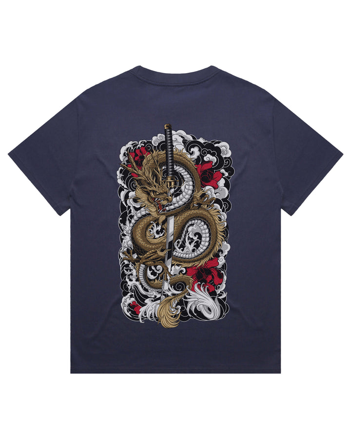 Oversized blue t-shirt with dragon coiled around a katana graphic print