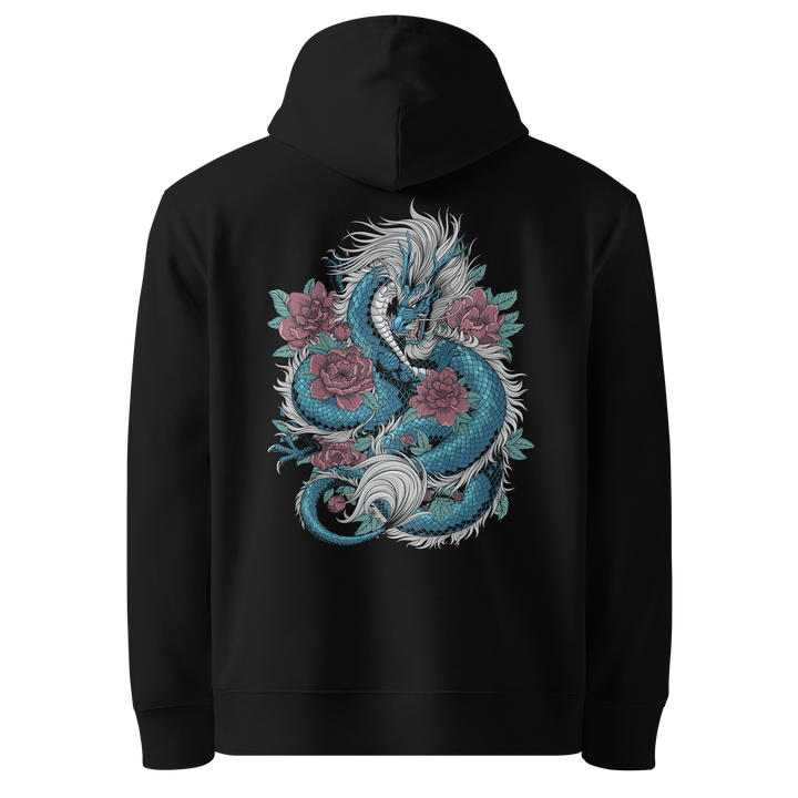 Back view of black hoodie featuring Irezumi tattoo-inspired cobalt dragon coiling around cherry blossoms design, made from 100% organic cotton, regular fit with ribbed cuffs and hem.