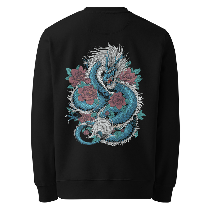 Back view of black sweatshirt featuring Irezumi tattoo-inspired cobalt dragon entwined with blooming flowers, made from 100% organic ring-spun cotton, regular fit with ribbed cuffs and hem.