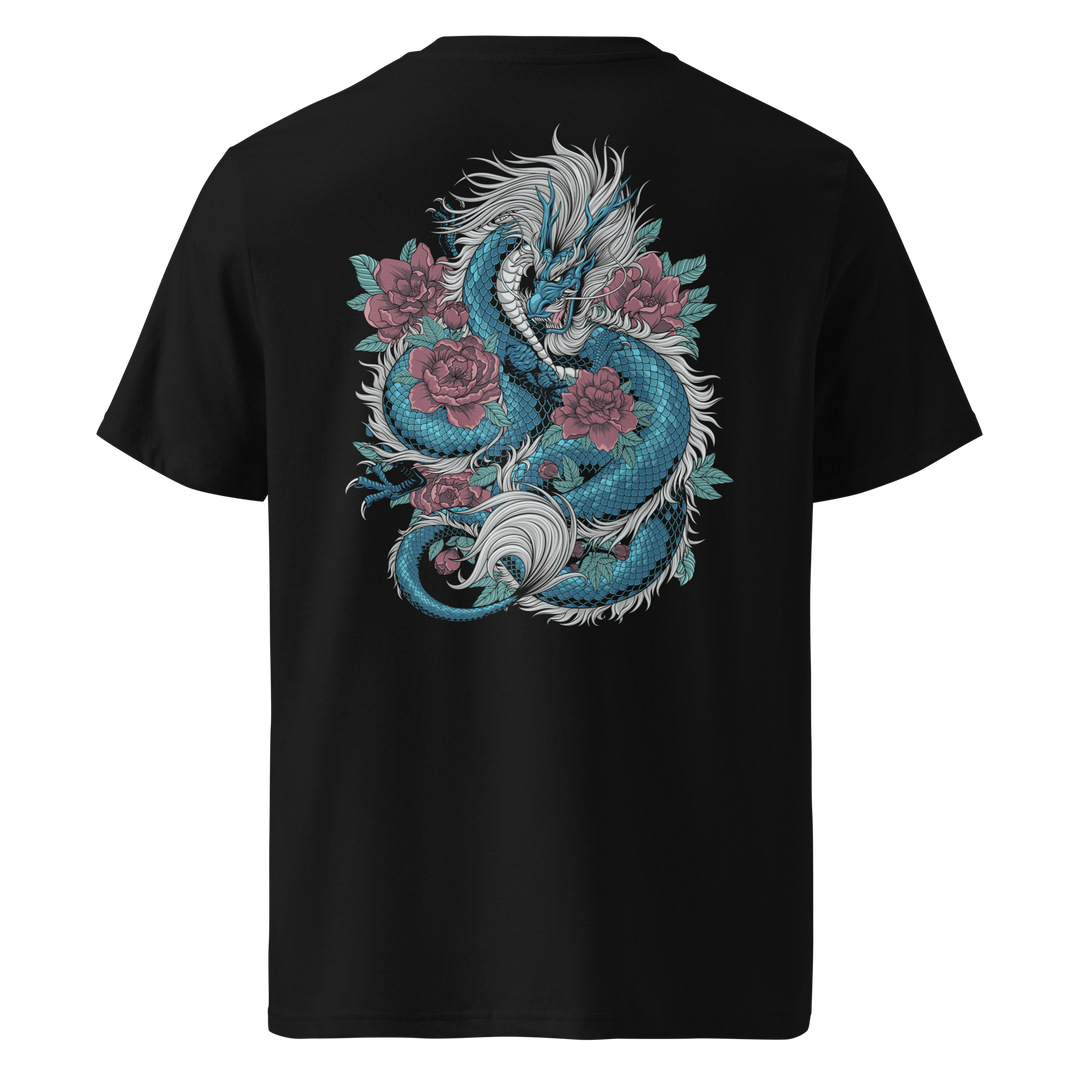 Back view of black t-shirt featuring Irezumi tattoo-inspired dragon and blooming floral design, made from 100% organic ring-spun cotton, regular fit with ribbed collar and durable double-needle stitching.