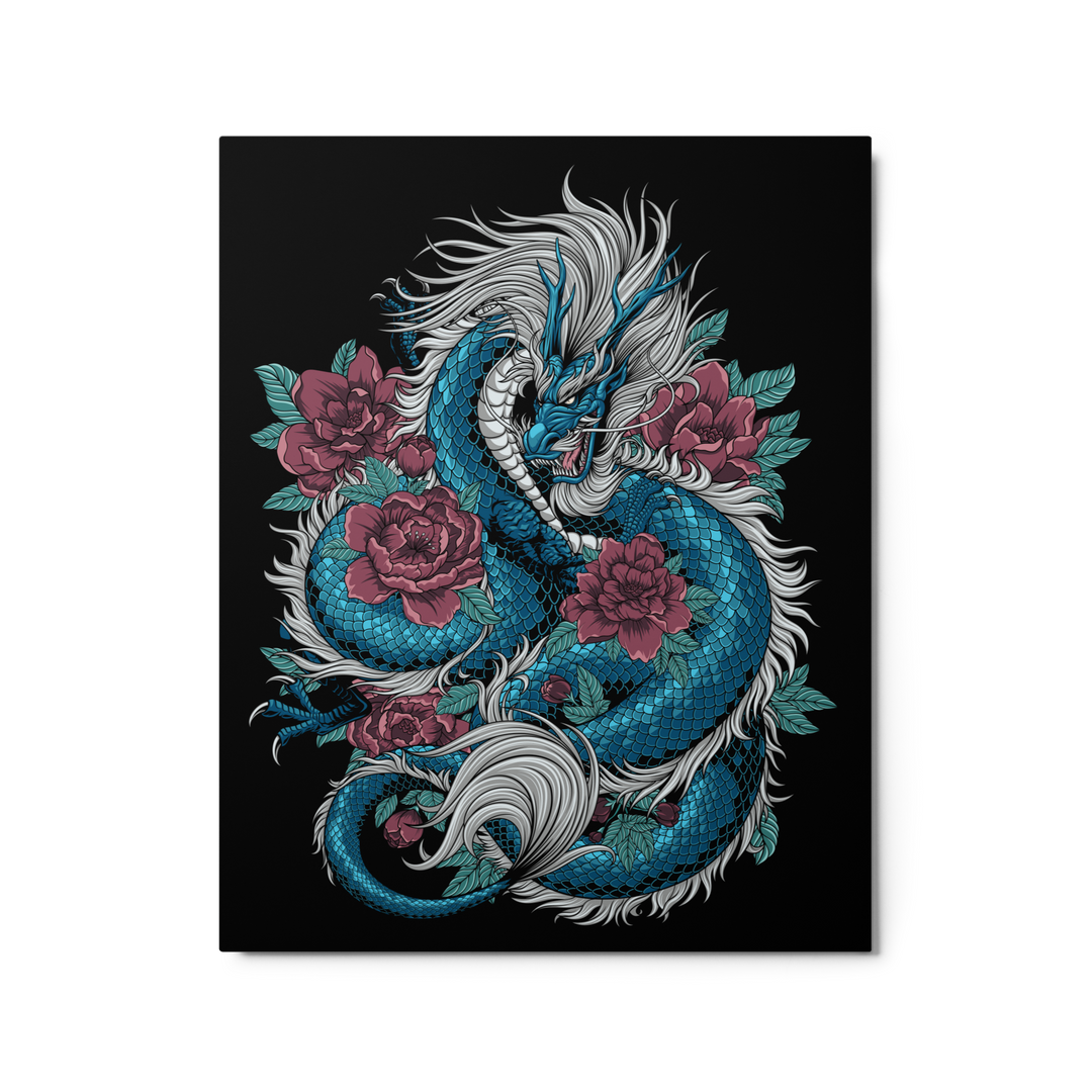 Cobalt Dragon Blossom Metal Print featuring a cobalt-colored dragon coiled around delicate blossoms with intricate details and vibrant colors.