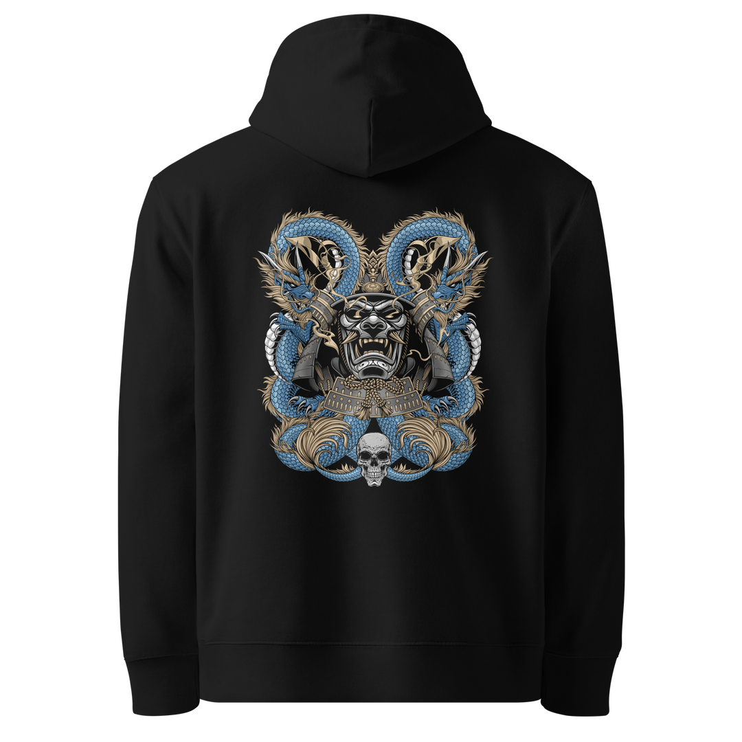 Back view of black hoodie featuring Irezumi tattoo-inspired cobalt dragon coiling around a samurai mask design, made from 100% organic cotton, regular fit with ribbed cuffs and hem.