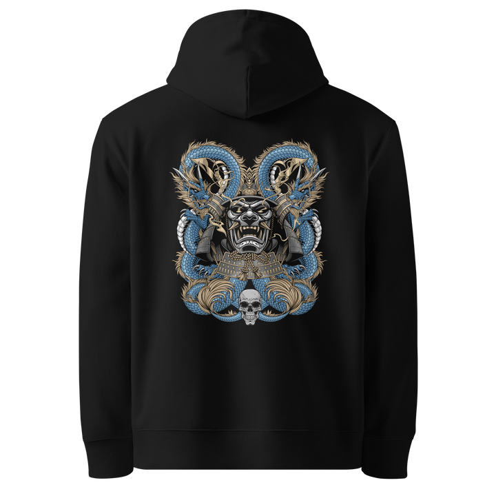 Back view of black hoodie featuring Irezumi tattoo-inspired cobalt dragon coiling around a samurai mask design, made from 100% organic cotton, regular fit with ribbed cuffs and hem.