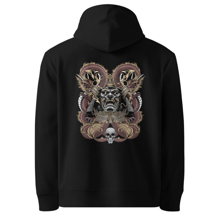 Back view of black hoodie featuring Irezumi tattoo-inspired two crimson dragons coiling around a samurai mask design, made from 100% organic cotton, regular fit with ribbed cuffs and hem.