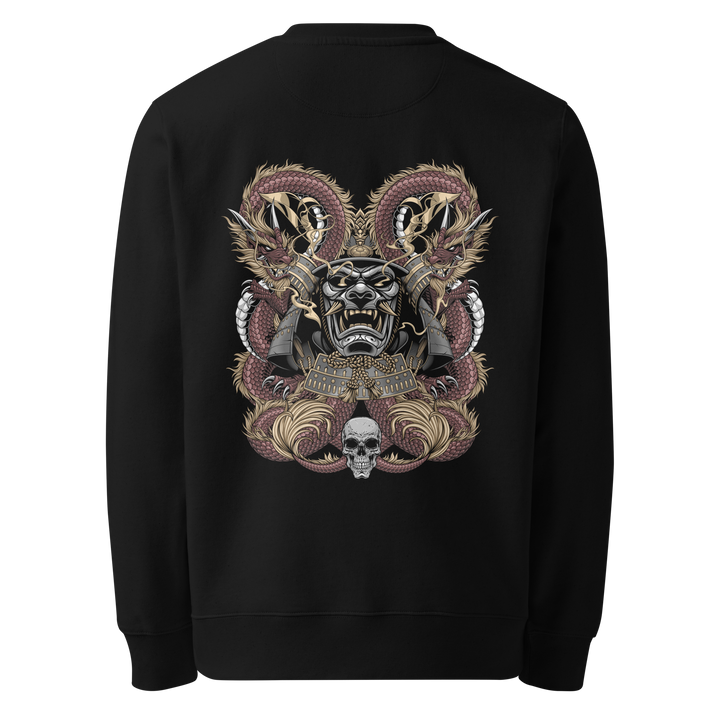 Back view of black sweatshirt featuring Irezumi tattoo-inspired crimson dragon coiling around a samurai mask design, made from 100% organic ring-spun cotton, regular fit with ribbed cuffs and hem.