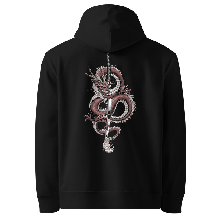 Back view of black hoodie featuring Irezumi tattoo-inspired crimson dragon with katana blade design, made from 100% organic cotton, regular fit with ribbed cuffs and hem.