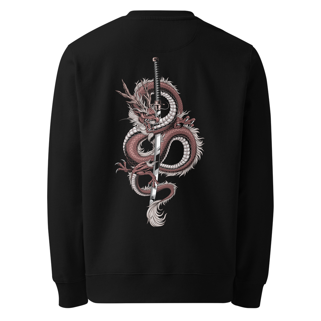 Back view of black sweatshirt featuring Irezumi tattoo-inspired crimson dragon coiling around a katana design, made from 100% organic ring-spun cotton, regular fit with ribbed cuffs and hem.