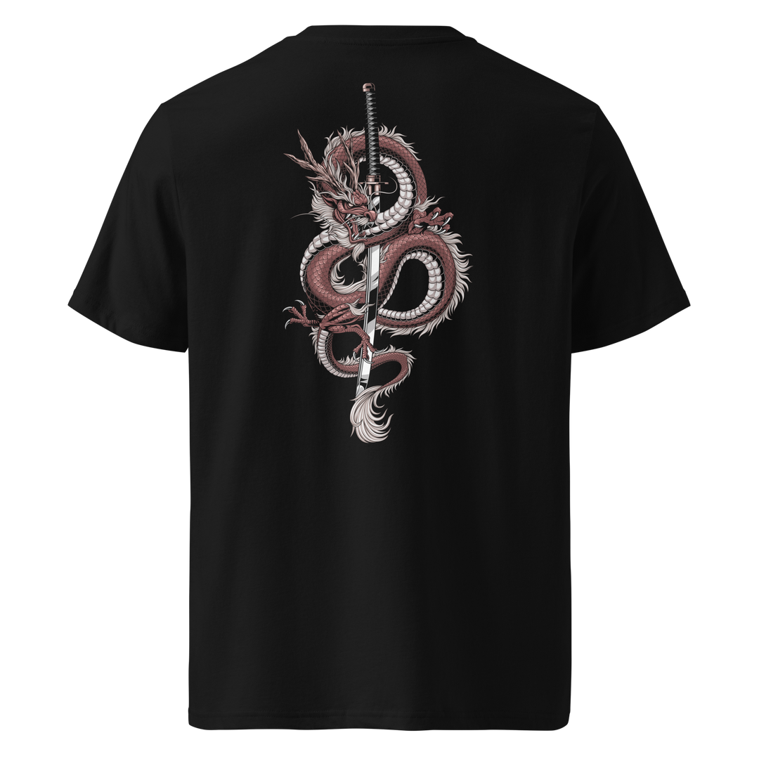 Back view of black t-shirt featuring Irezumi tattoo-inspired crimson dragon coiling around a katana design, made from 100% organic ring-spun cotton, regular fit with ribbed collar and durable double-needle stitching.