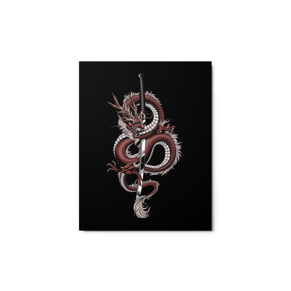 11x14 Metal Print featuring a crimson-toned detailed coiled dragon entwined with a katana, set against a sleek black background.