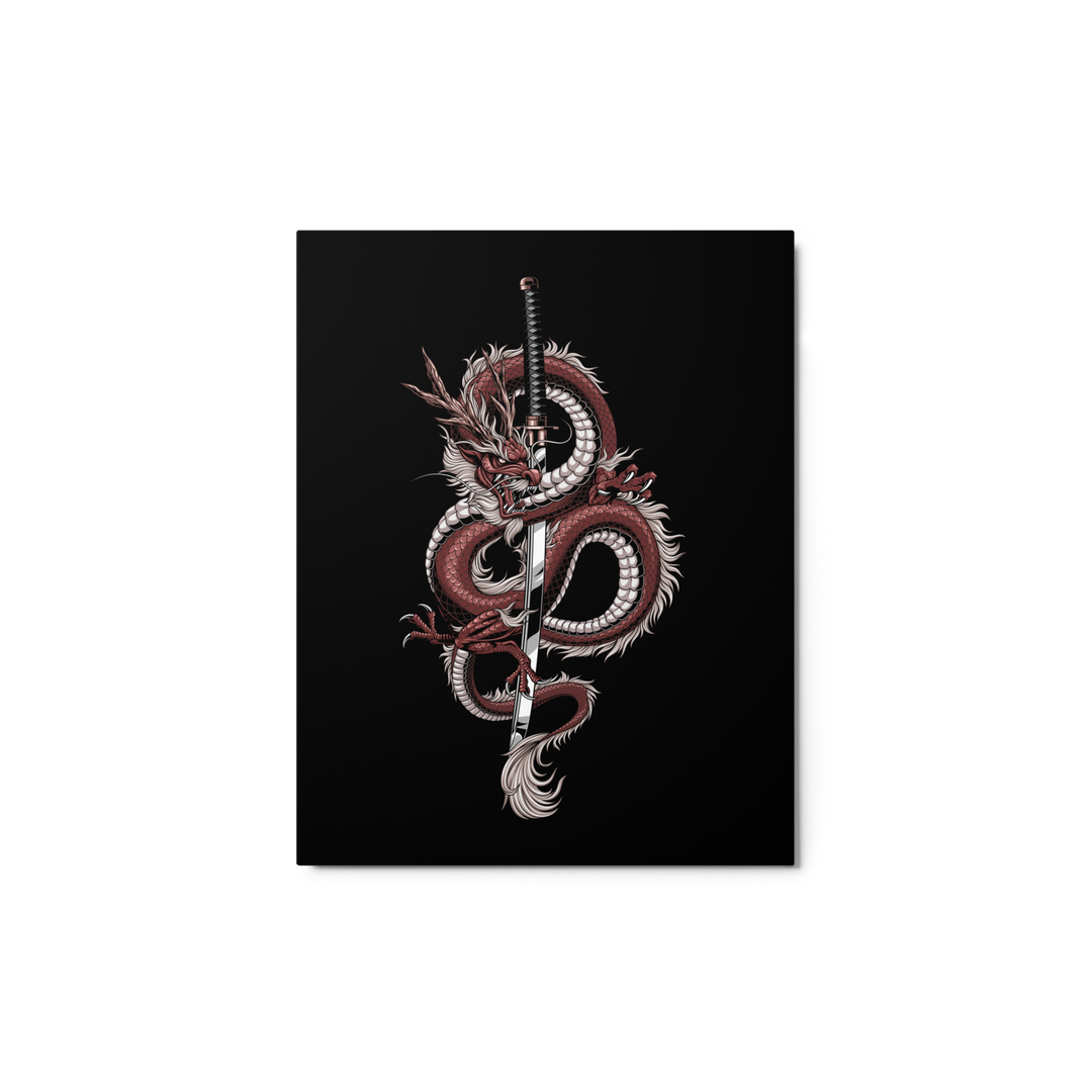 11x14 Metal Print featuring a crimson-toned detailed coiled dragon entwined with a katana, set against a sleek black background.