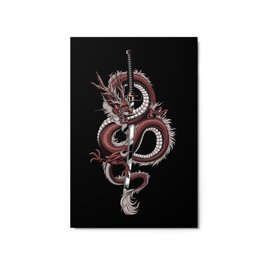 20x30 Metal Print featuring a crimson-toned detailed coiled dragon entwined with a katana, set against a sleek black background.