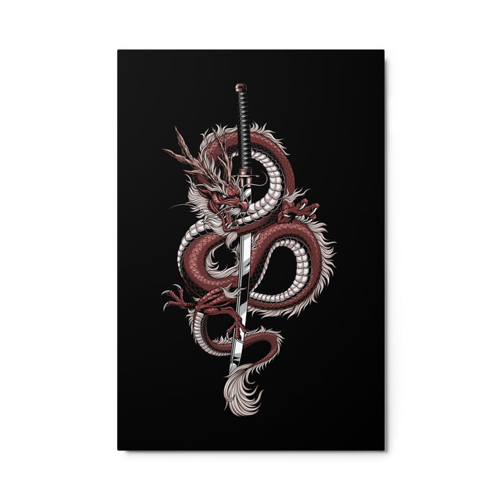 24x36 Metal Print featuring a crimson-toned detailed coiled dragon entwined with a katana, set against a sleek black background.