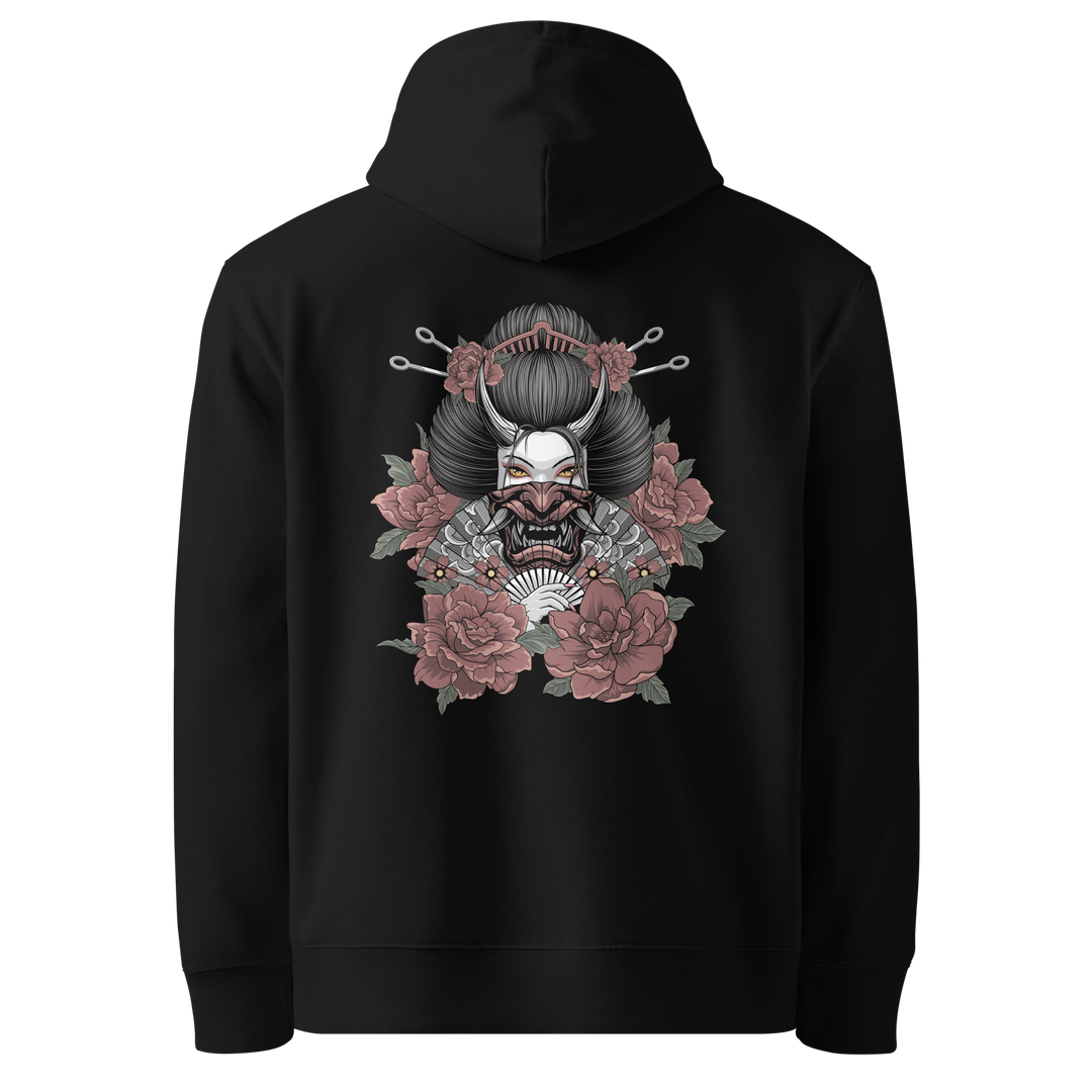 A black hoodie featuring a back print of a Geisha holding a fan with a Hannya mask design, surrounded by blooming flowers and intricate Irezumi-style details.