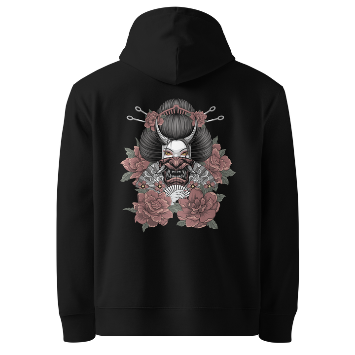 A black hoodie featuring a back print of a Geisha holding a fan with a Hannya mask design, surrounded by blooming flowers and intricate Irezumi-style details.