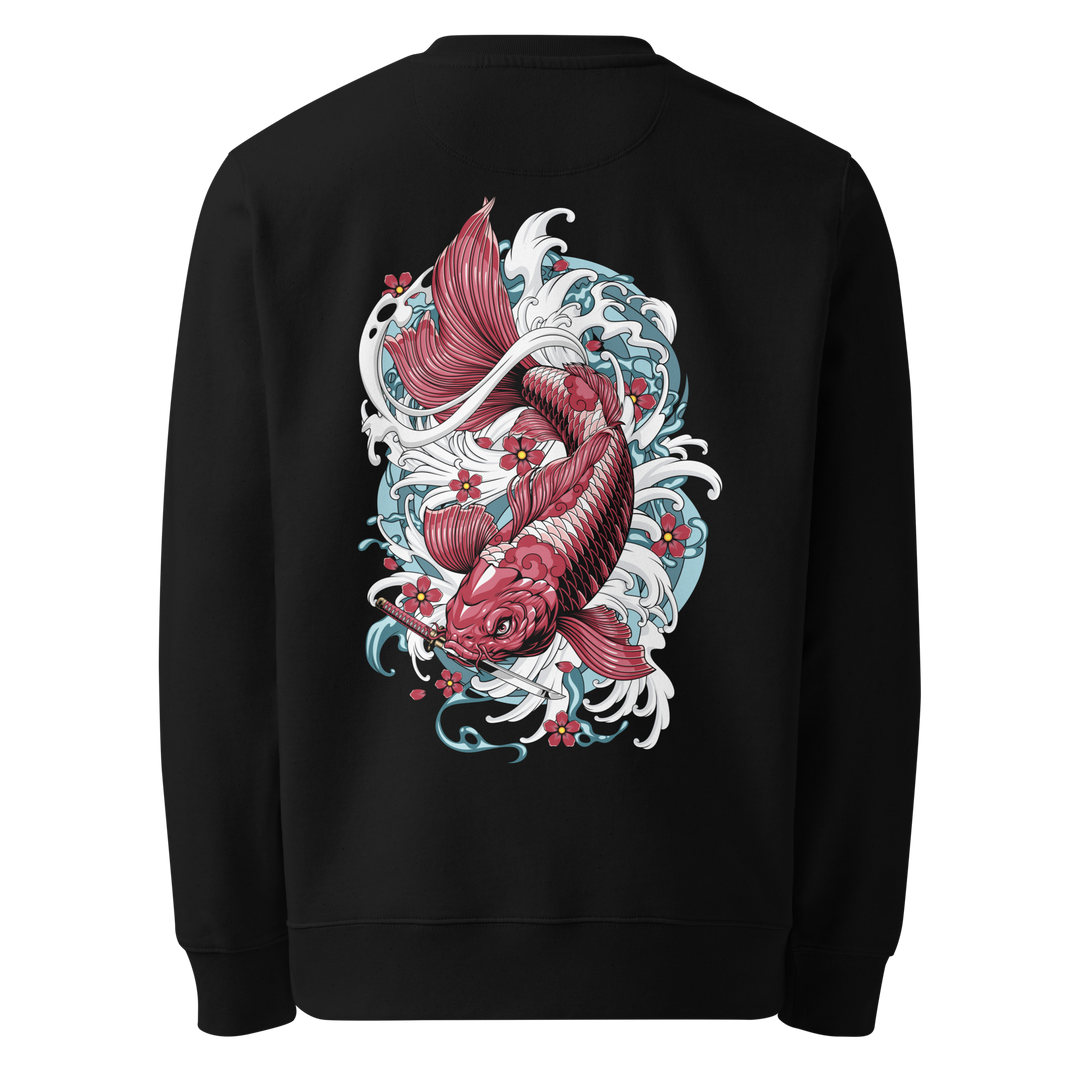 Back view of black sweatshirt featuring Irezumi tattoo-inspired crimson koi fish swimming through waves design, made from 100% organic ring-spun cotton, regular fit with ribbed cuffs and hem.