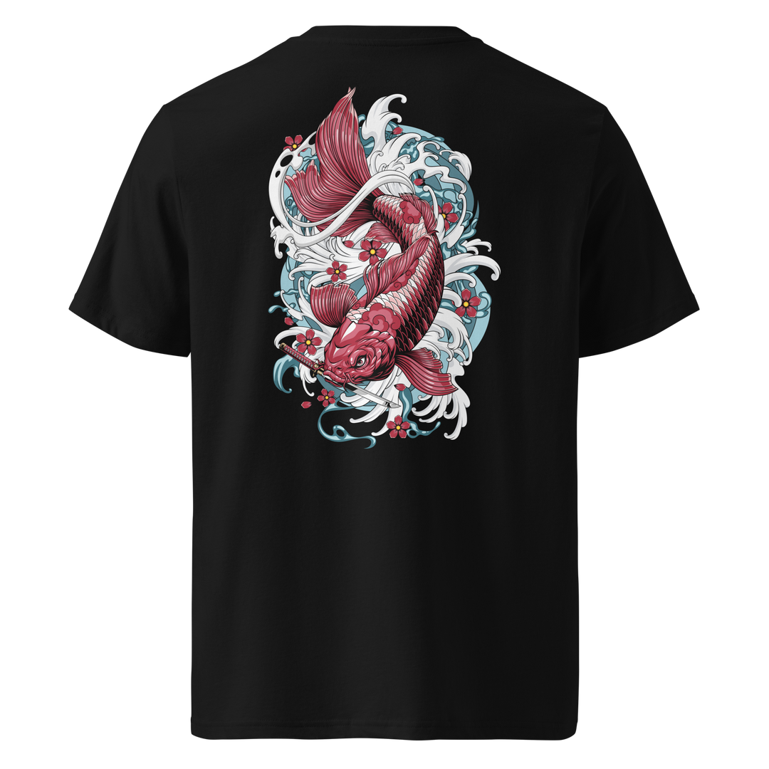 Back view of black t-shirt featuring Irezumi tattoo-inspired crimson koi fish design, made from 100% organic ring-spun cotton, regular fit with ribbed collar and durable double-needle stitching.