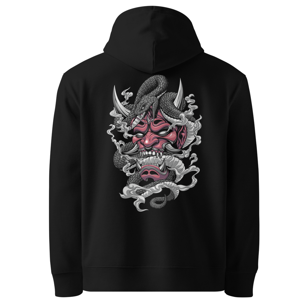 A black hoodie with a detailed back print featuring an Oni mask entwined with a coiled snake and surrounded by swirling smoke in Japanese tattoo art style.