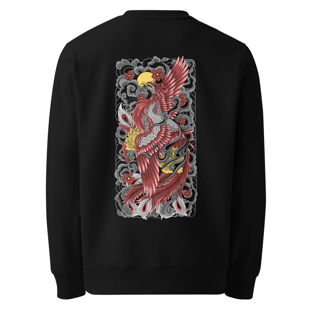 Back view of black sweatshirt featuring Irezumi tattoo-inspired crimson phoenix ascending design, made from 100% organic ring-spun cotton, regular fit with ribbed cuffs and hem.