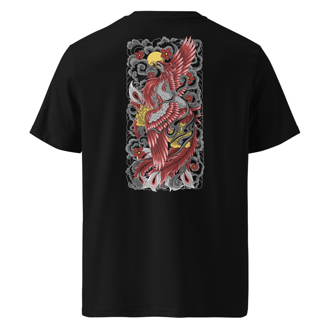 Back view of black t-shirt featuring Irezumi tattoo-inspired crimson phoenix ascending design, made from 100% organic ring-spun cotton, regular fit with ribbed collar and durable double-needle stitching.