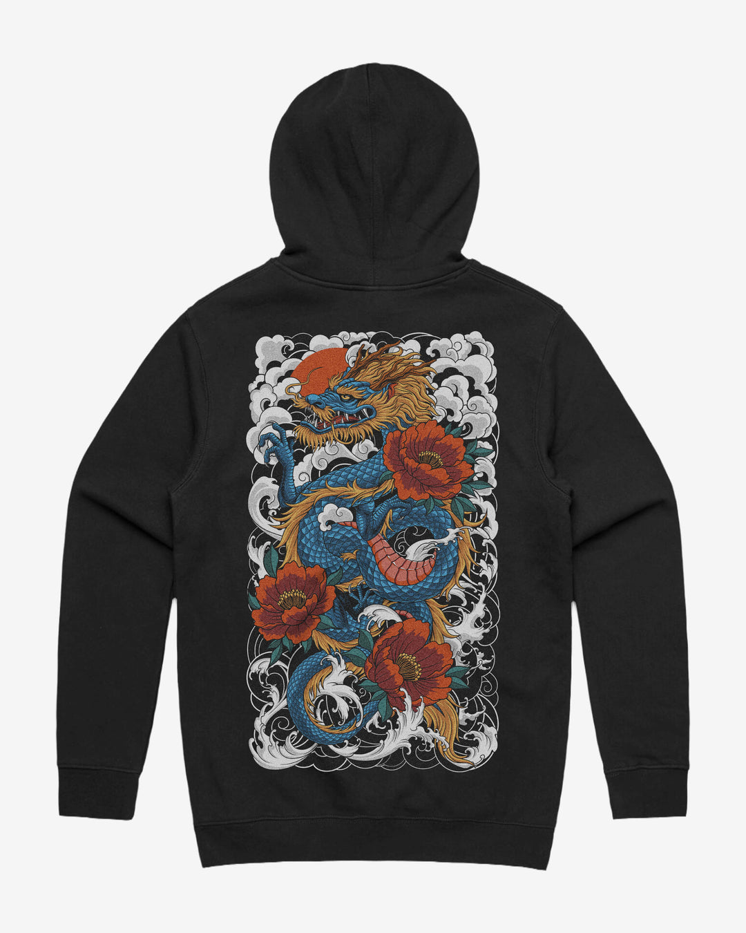 Dragon blossom graphic back print on heavyweight pullover hoodie in black