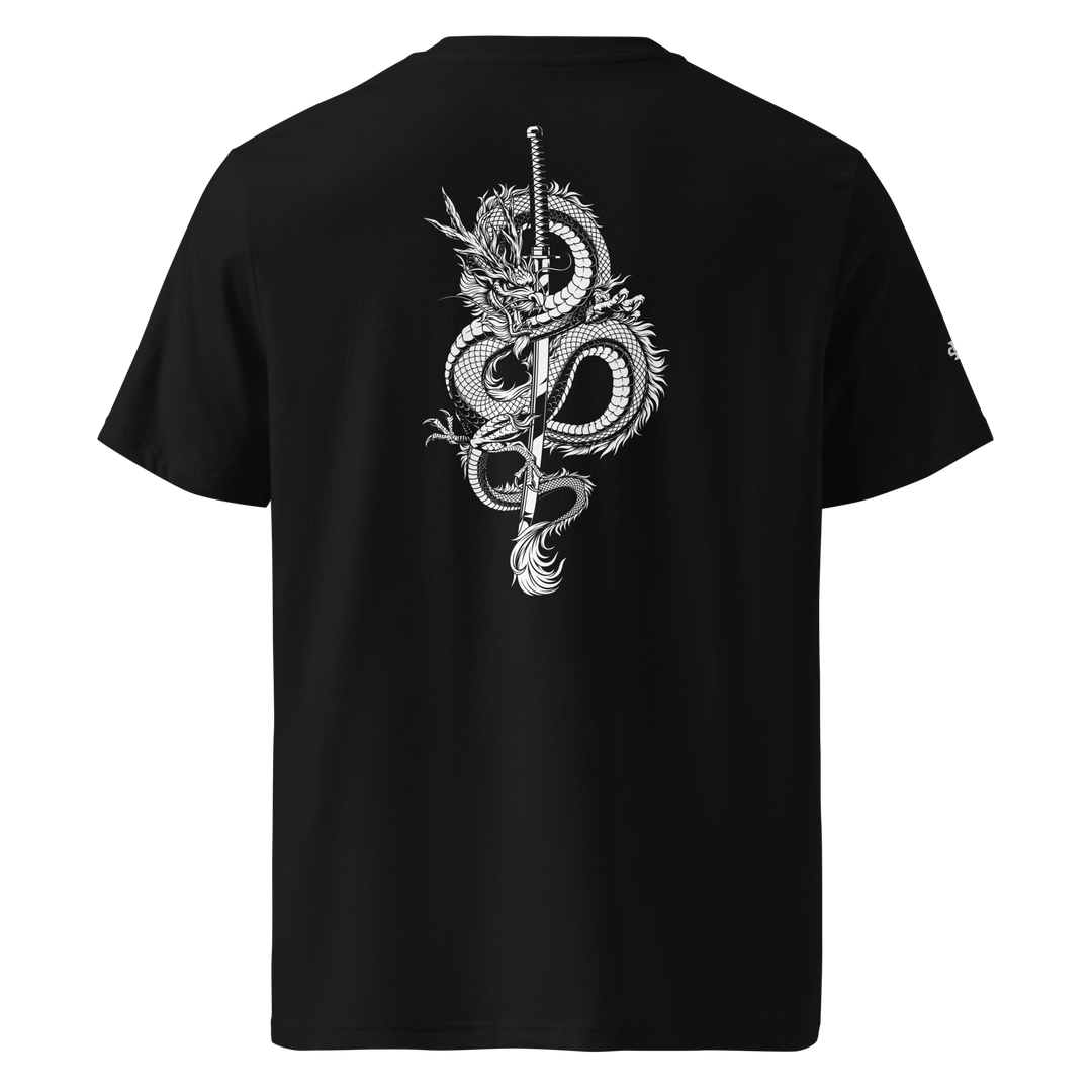 Large graphic print of a dragon coiled around a katana sword on the back of black t-shirt