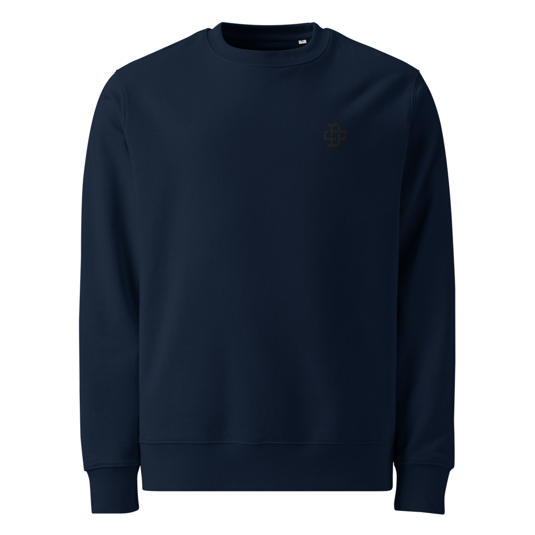 French Navy sweatshirt with black dsign crtel logo monogram embroidered on the left chest front view, made from 100% organic ring-spun combed cotton, regular fit with ribbed cuffs and hem.