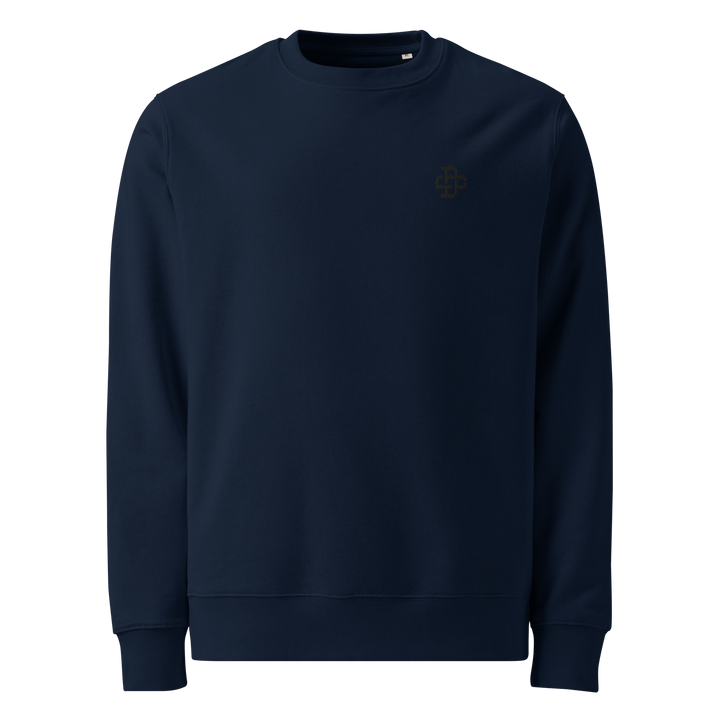 French Navy sweatshirt with black dsign crtel logo monogram embroidered on the left chest front view, made from 100% organic ring-spun combed cotton, regular fit with ribbed cuffs and hem.