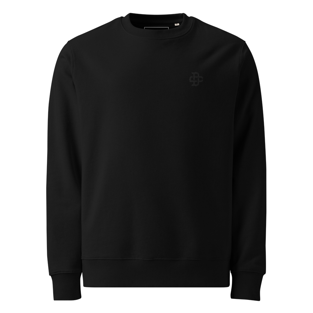 Black sweatshirt with black dsign crtel logo monogram embroidered on the left chest front view, made from 100% organic ring-spun combed cotton, regular fit with ribbed cuffs and hem.