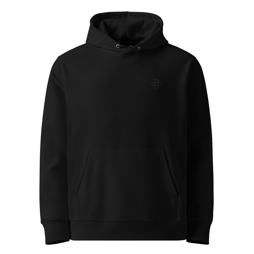 Front view of black hoodie featuring black dc logo embroidery design, made from 100% organic cotton, regular fit with ribbed cuffs and hem.