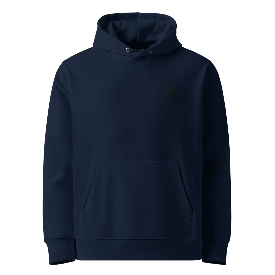 Front view of french navy hoodie featuring black dc logo embroidery design, made from 100% organic cotton, regular fit with ribbed cuffs and hem.