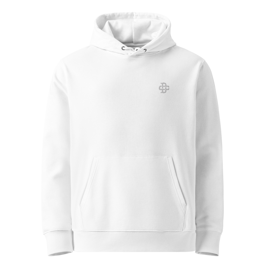 Front view of white hoodie featuring white dc logo embroidery design, made from 100% organic cotton, regular fit with ribbed cuffs and hem.