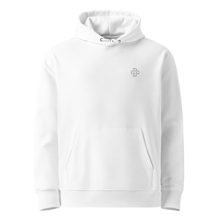 Front view of white hoodie featuring white dc logo embroidery design, made from 100% organic cotton, regular fit with ribbed cuffs and hem.