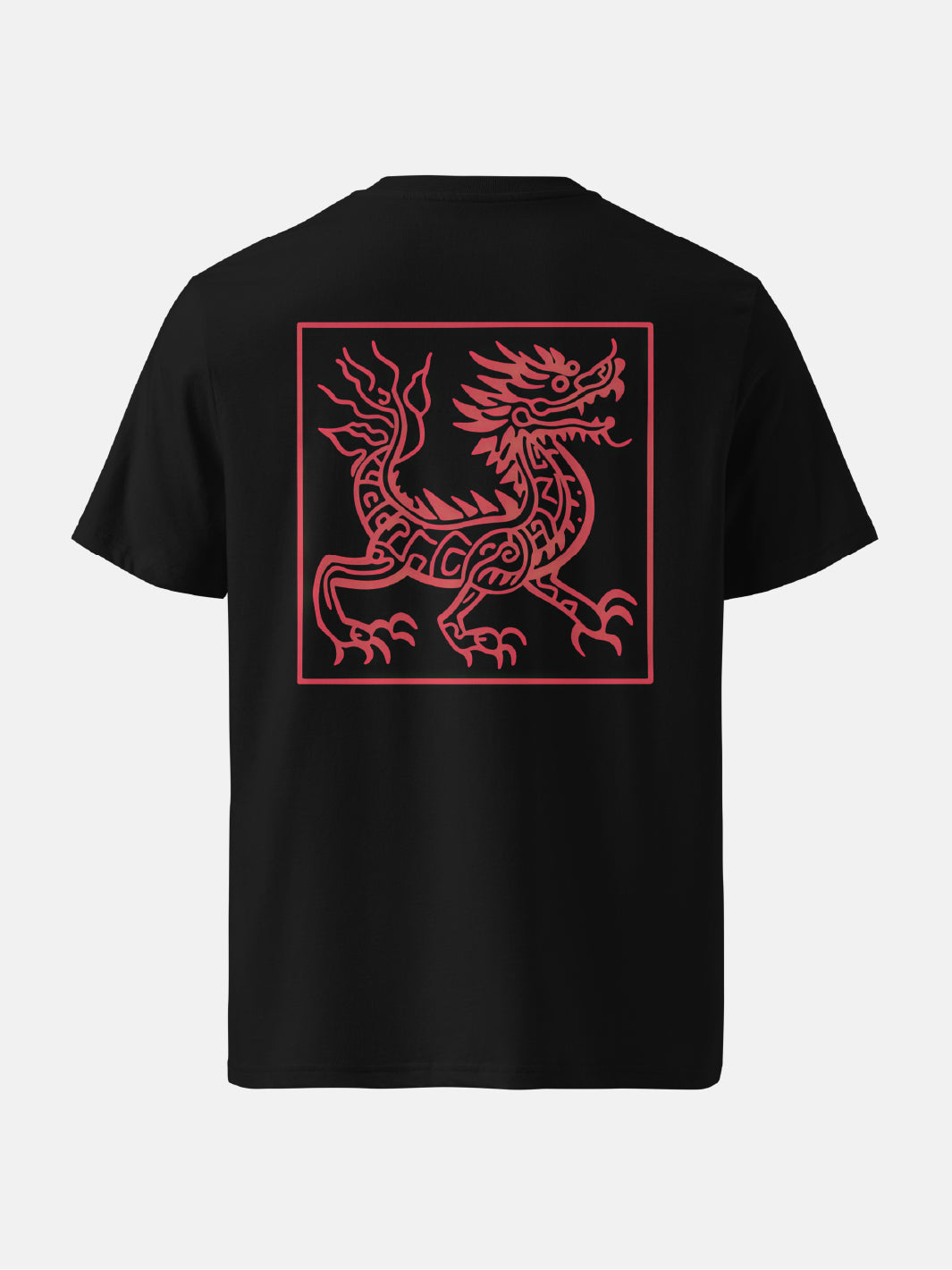 Back view of black t-shirt featuring Irezumi tattoo-inspired ember serpent in motion design, made from 100% organic ring-spun cotton, regular fit with ribbed collar and durable double-needle stitching.