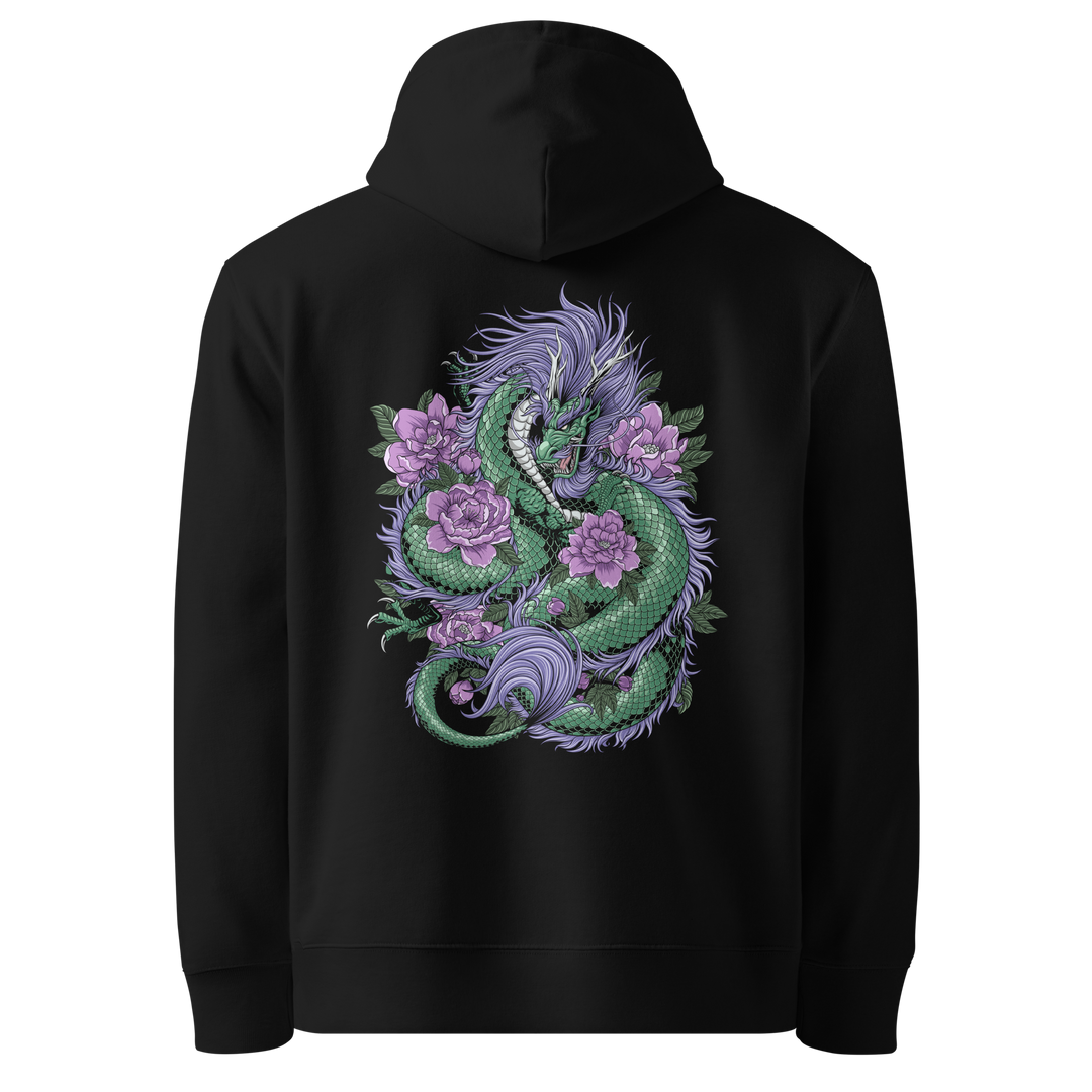 Back view of black hoodie featuring Irezumi tattoo-inspired emerald dragon coiling around cherry blossoms design, made from 100% organic cotton, regular fit with ribbed cuffs and hem.