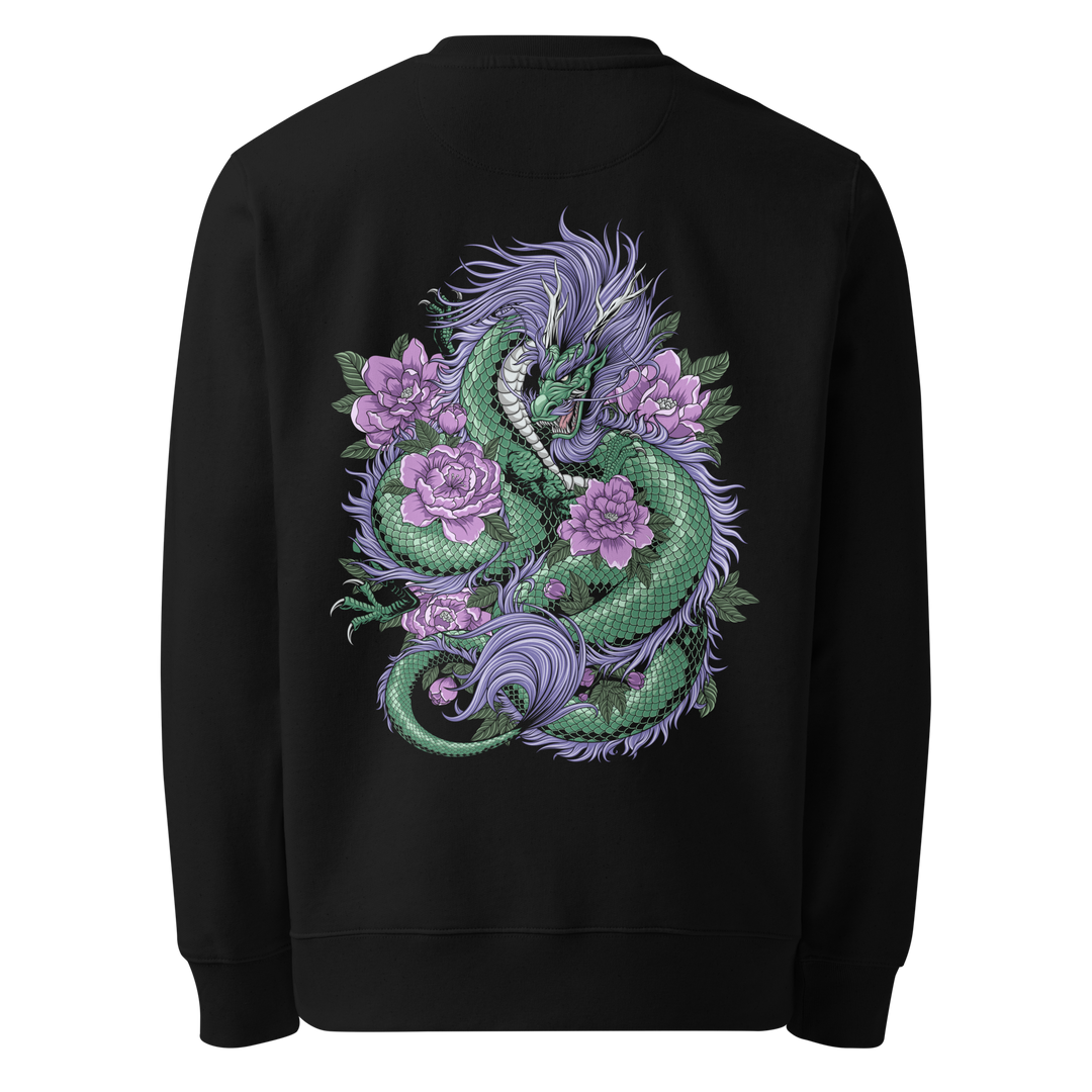 Back view of black sweatshirt featuring Irezumi tattoo-inspired emerald dragon entwined with blooming flowers design, made from 100% organic ring-spun combed cotton, regular fit with ribbed cuffs and hem.