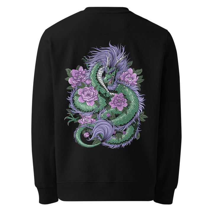 Back view of black sweatshirt featuring Irezumi tattoo-inspired emerald dragon entwined with blooming flowers design, made from 100% organic ring-spun combed cotton, regular fit with ribbed cuffs and hem.