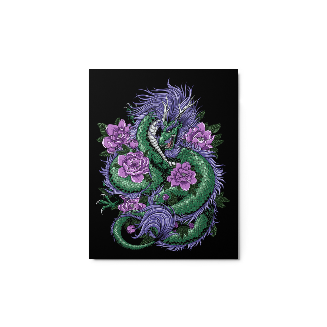 Emerald Dragon Blossom Metal Print featuring an emerald-colored dragon coiled around delicate blossoms, with vivid colors and intricate details.