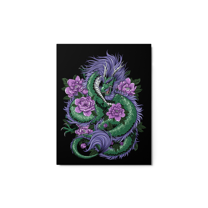 Emerald Dragon Blossom Metal Print featuring an emerald-colored dragon coiled around delicate blossoms, with vivid colors and intricate details.